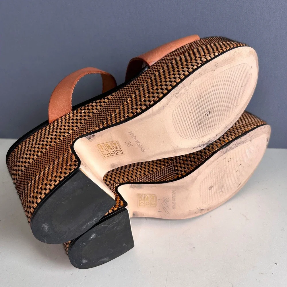 Free People Y2K Platform Sandals Size 38 Retro Boho Tan Leather Block Heel Spain